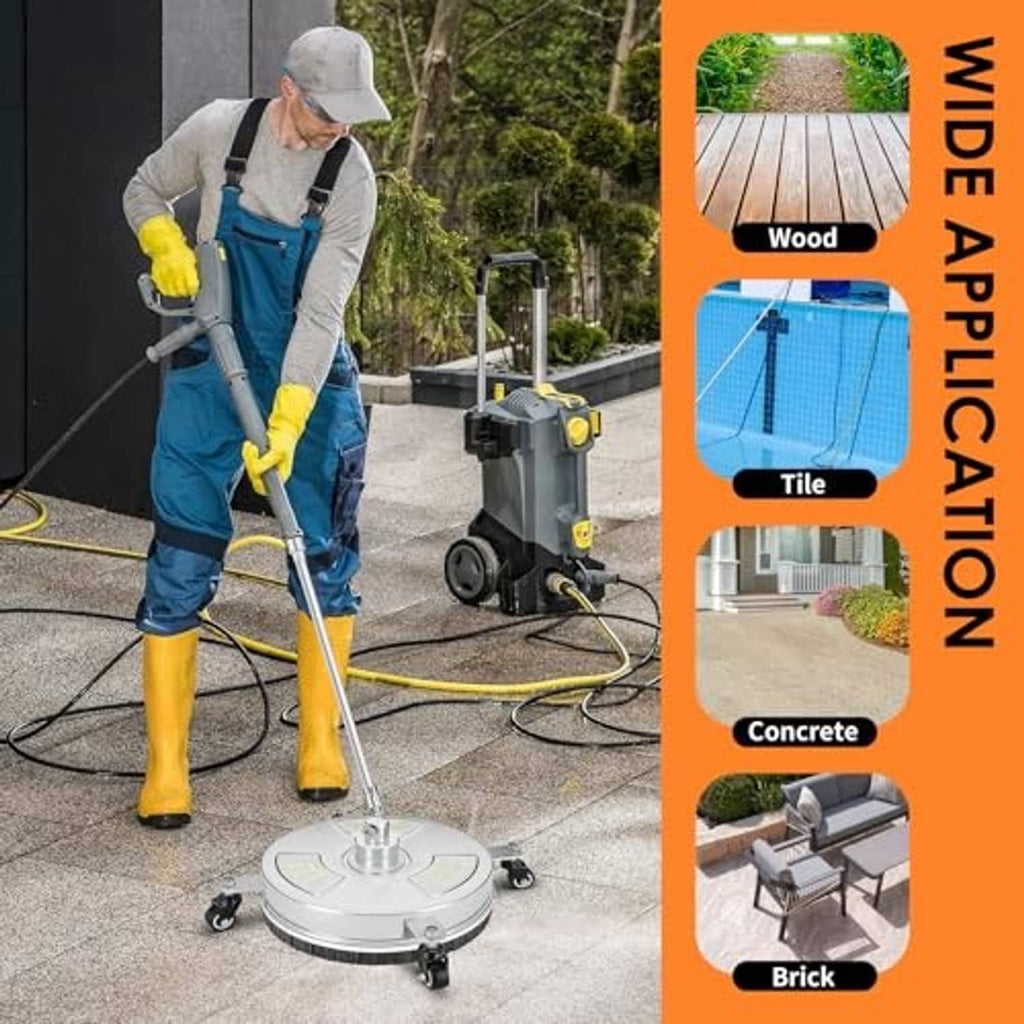 Pressure washer surface cleaner being used to clean concrete slabs with caster base