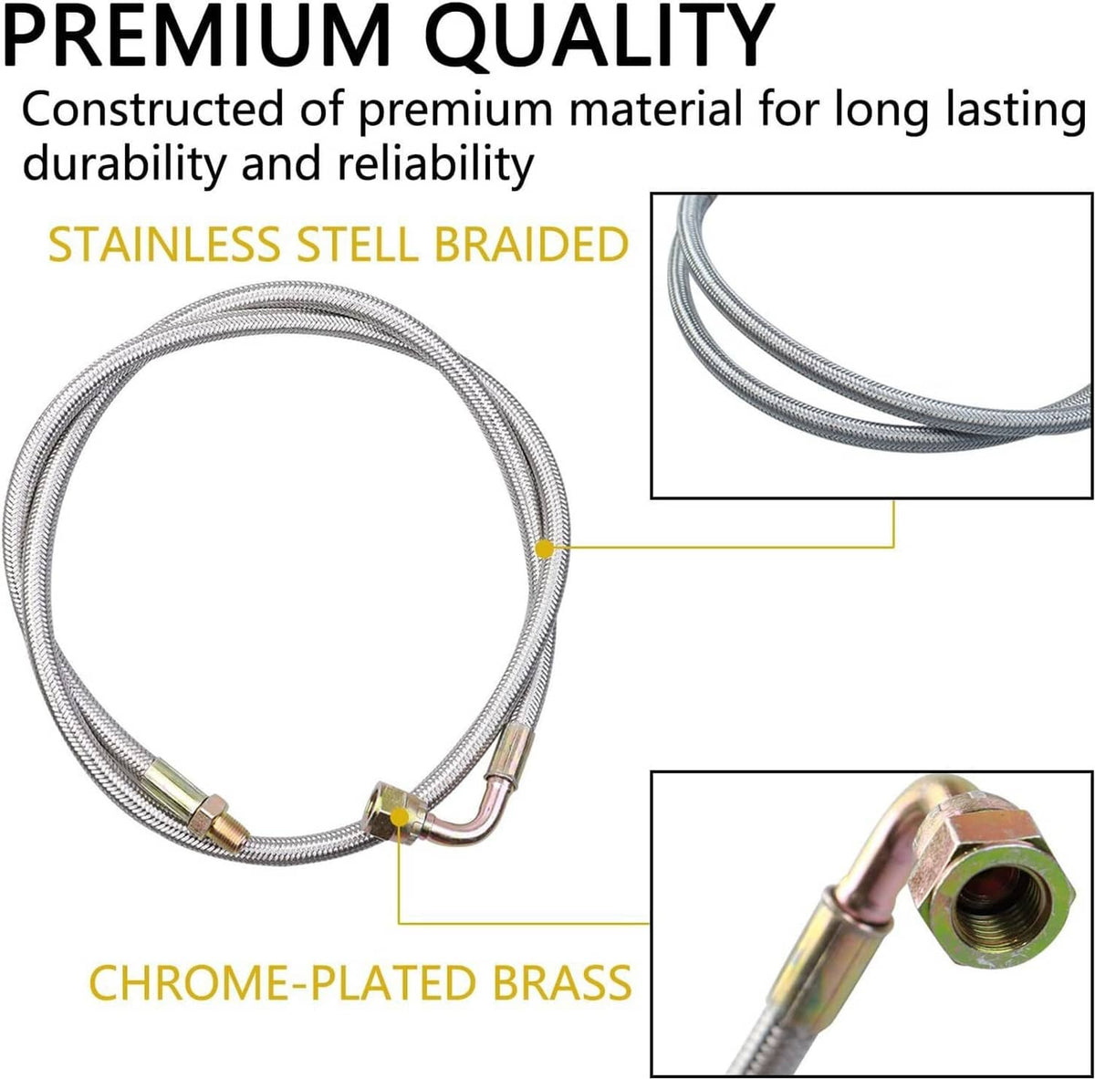 Turbo oil feed line kit showing stainless braided line and chrome-plated brass fittings
