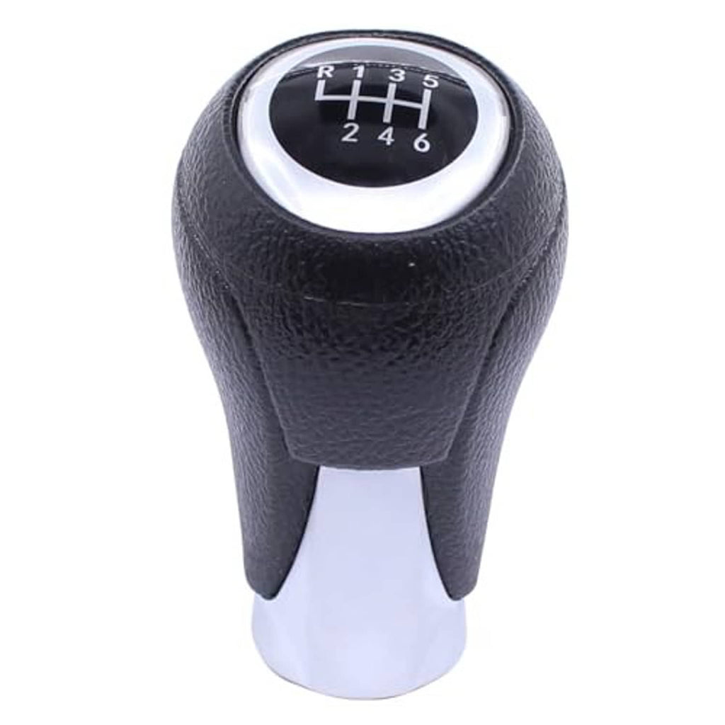 Black leather manual shift knob with chrome trim and 1–6 gear display