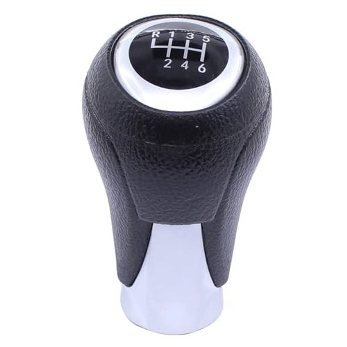 Black leather manual shift knob with chrome trim and 1–6 gear display