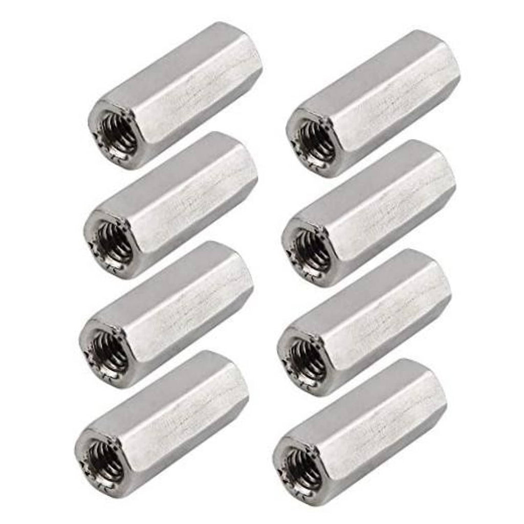 Hex coupling nuts, silver metal, M6 thread, 25mm length, pack of 8