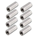 Hex coupling nuts, silver metal, M6 thread, 25mm length, pack of 8