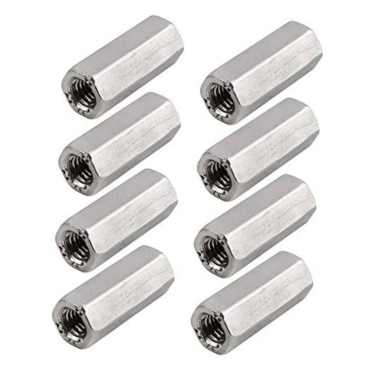 Hex coupling nuts, silver metal, M6 thread, 25mm length, pack of 8