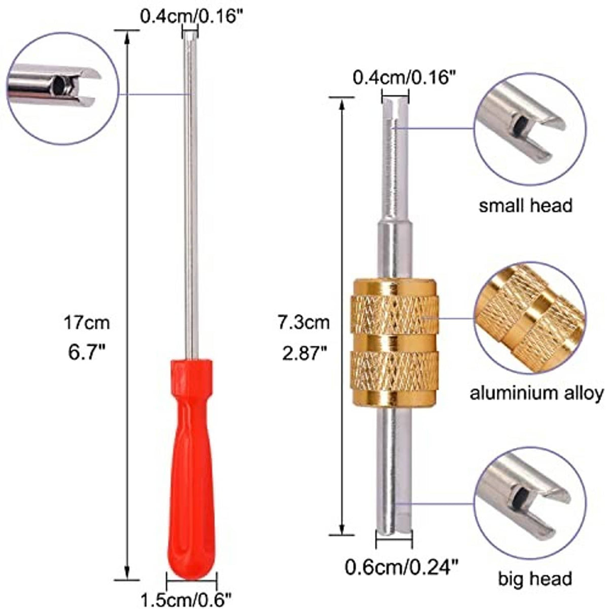 Red-handled valve core remover with gold-and-silver heads; small and big end views