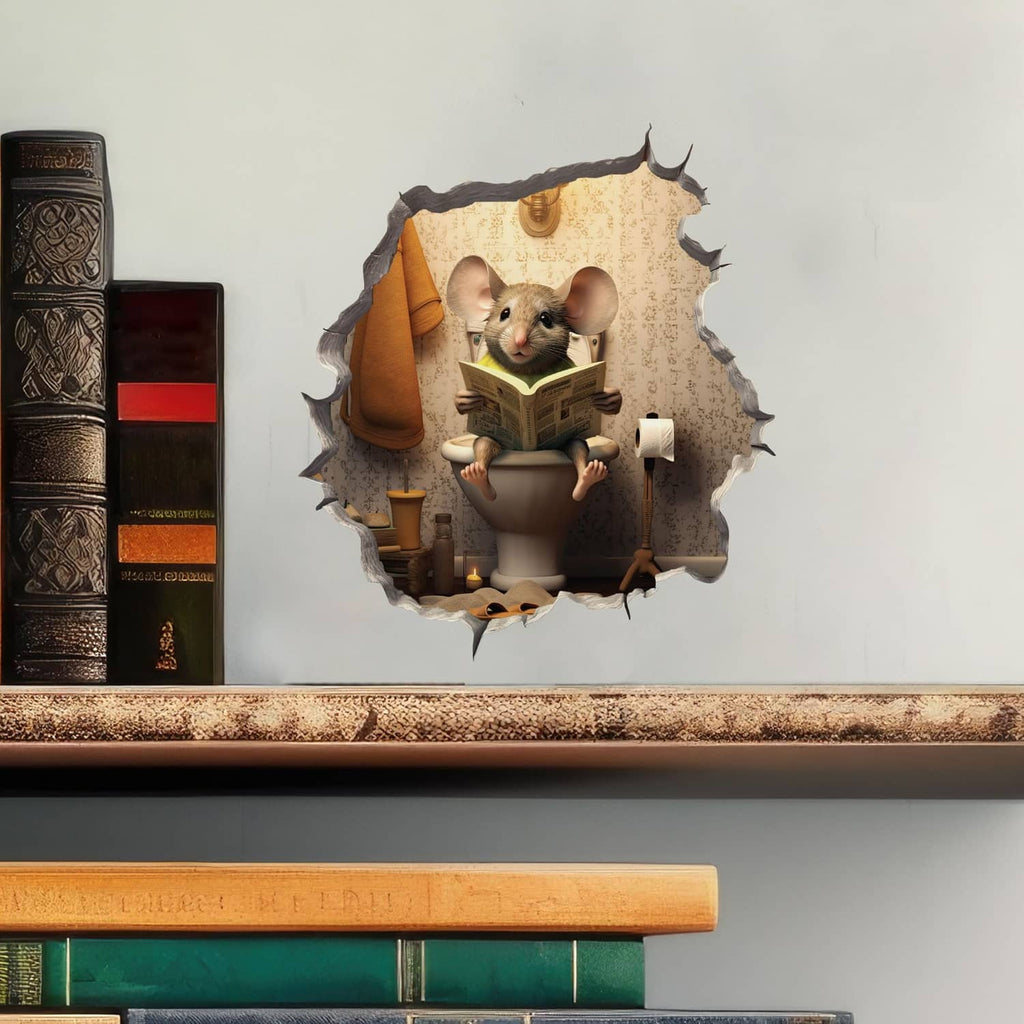 Mouse in toilet-hole wall decal sticker with brown toilet and gray torn-paper outline