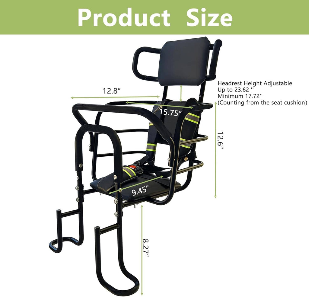 Rear child bike seat with adjustable headrest, foot pedals, and padded seat in black