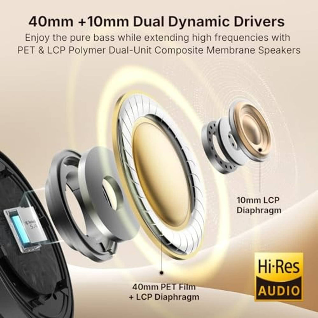 Black over-ear headphones with internal speaker diagram graphic overlaid.