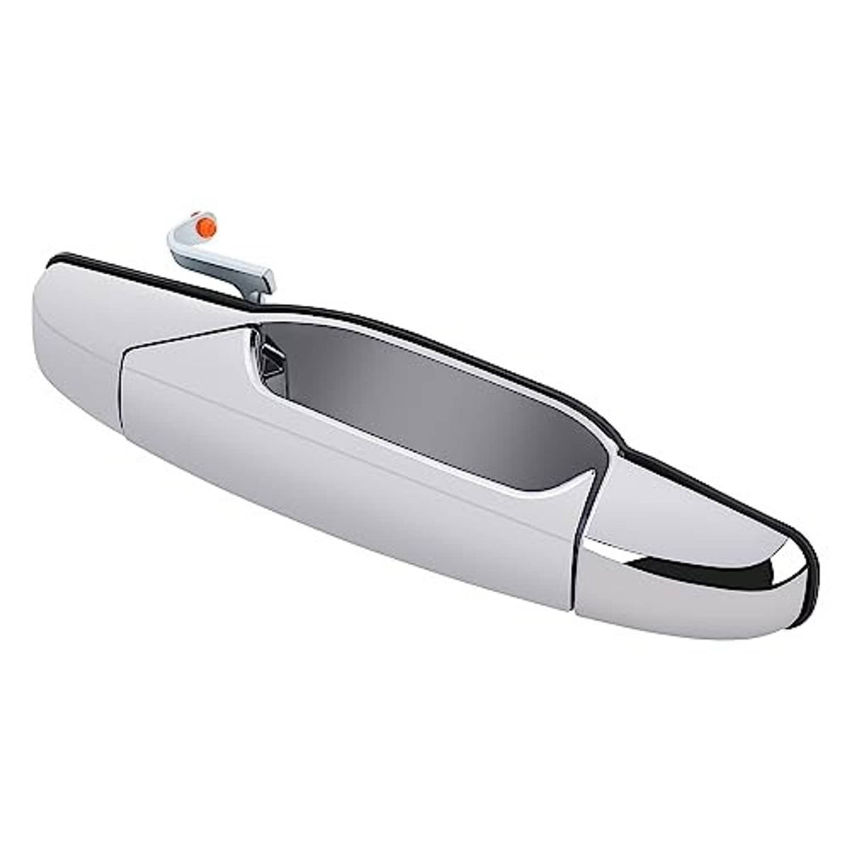 Chrome exterior door handle with black opening and small amber marker on top