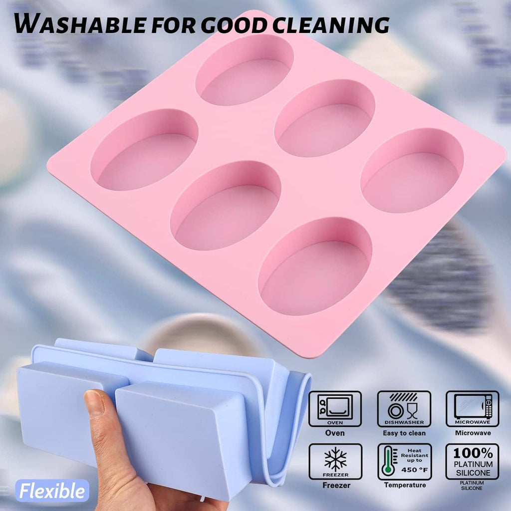 Silicone soap mold tray with six pink oval cavities; includes cleaning-use icons in background