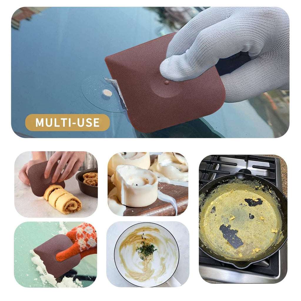 Multi-use brown scraper pad held in a glove for cleaning cookware