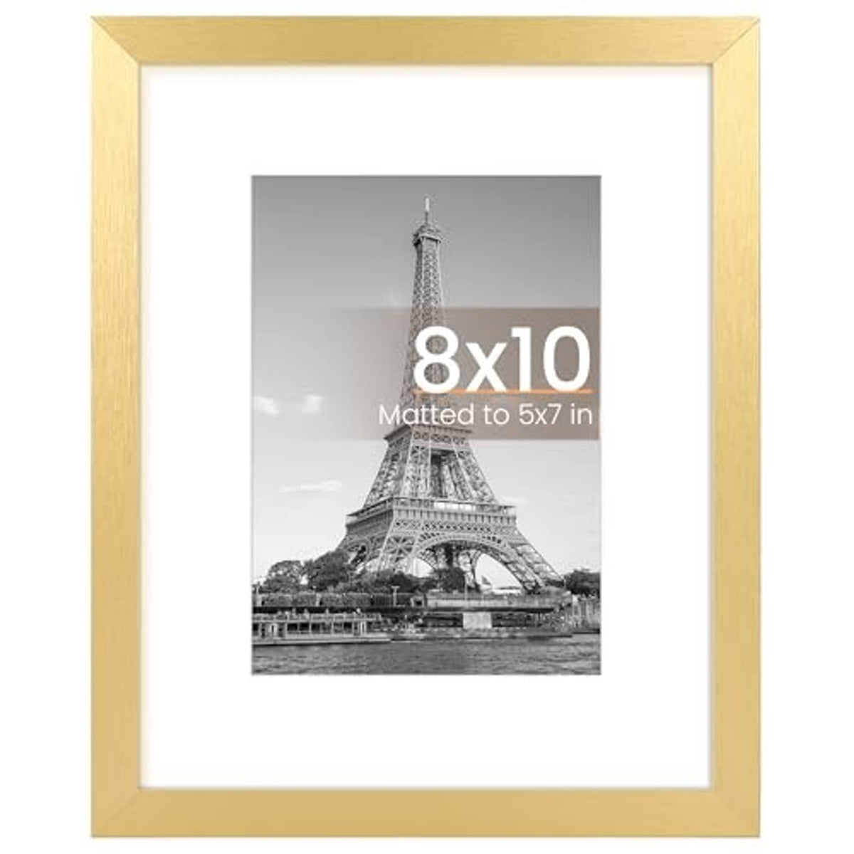 Gold picture frame with a white mat opening, displaying an 8x10 Eiffel Tower photo