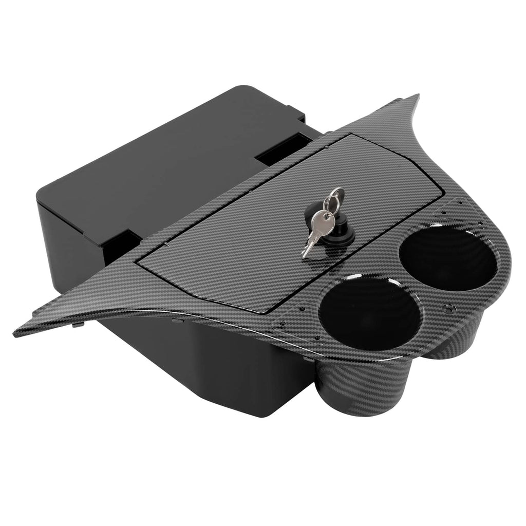 Carbon fiber-style dash compartment with key cylinder, two cup holders, and latch panel