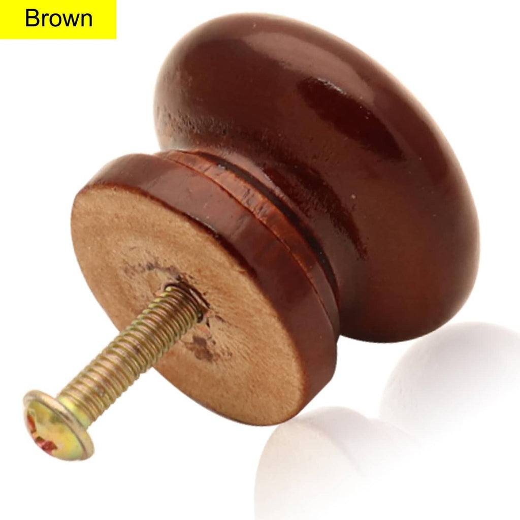 Brown mushroom wood dresser knob close-up with visible screw and circular wood base