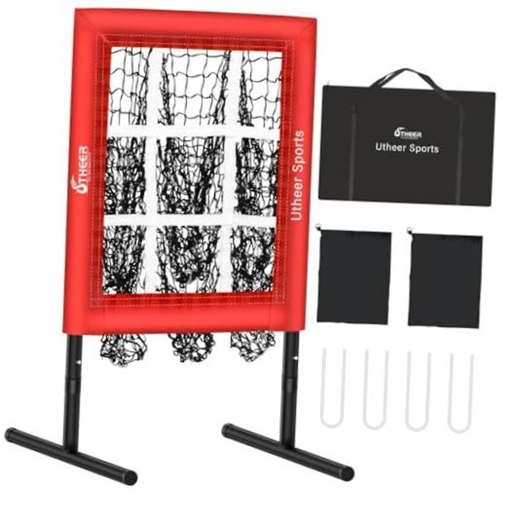 Red baseball pitching net with black ground stakes and strike zone target frame