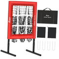 Red baseball pitching net with black ground stakes and strike zone target frame