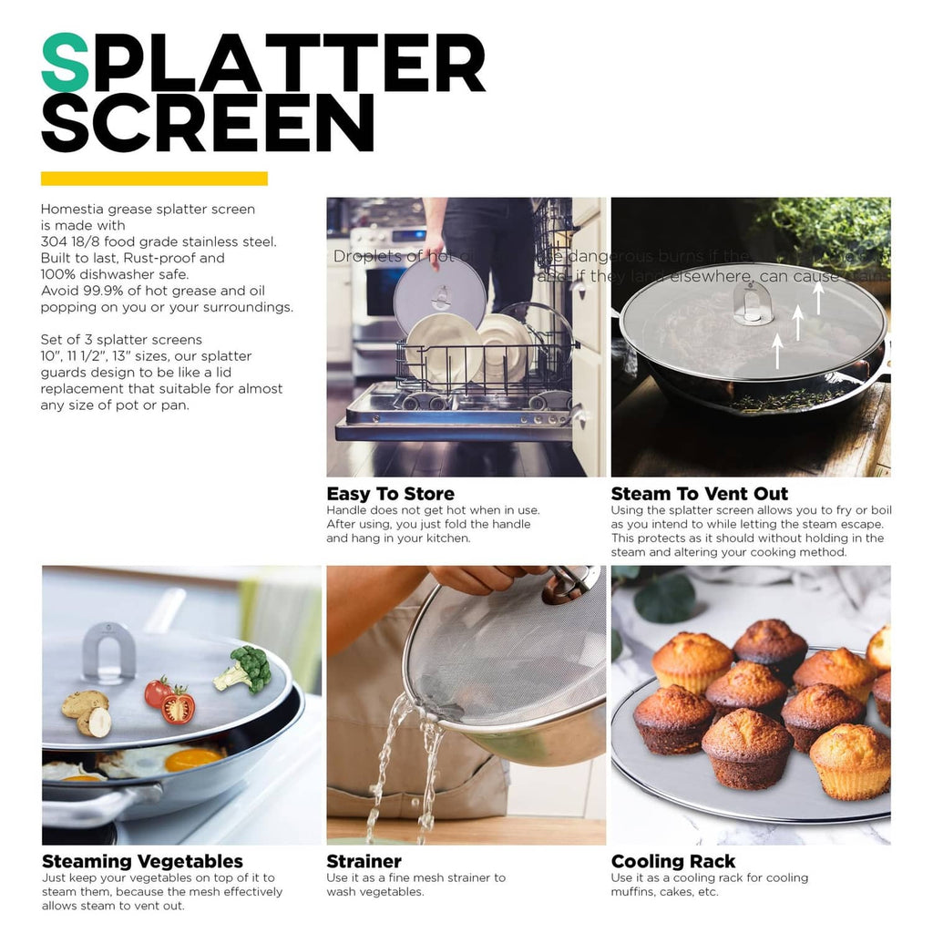 Stainless splatter screen with central knob handle over a frying pan