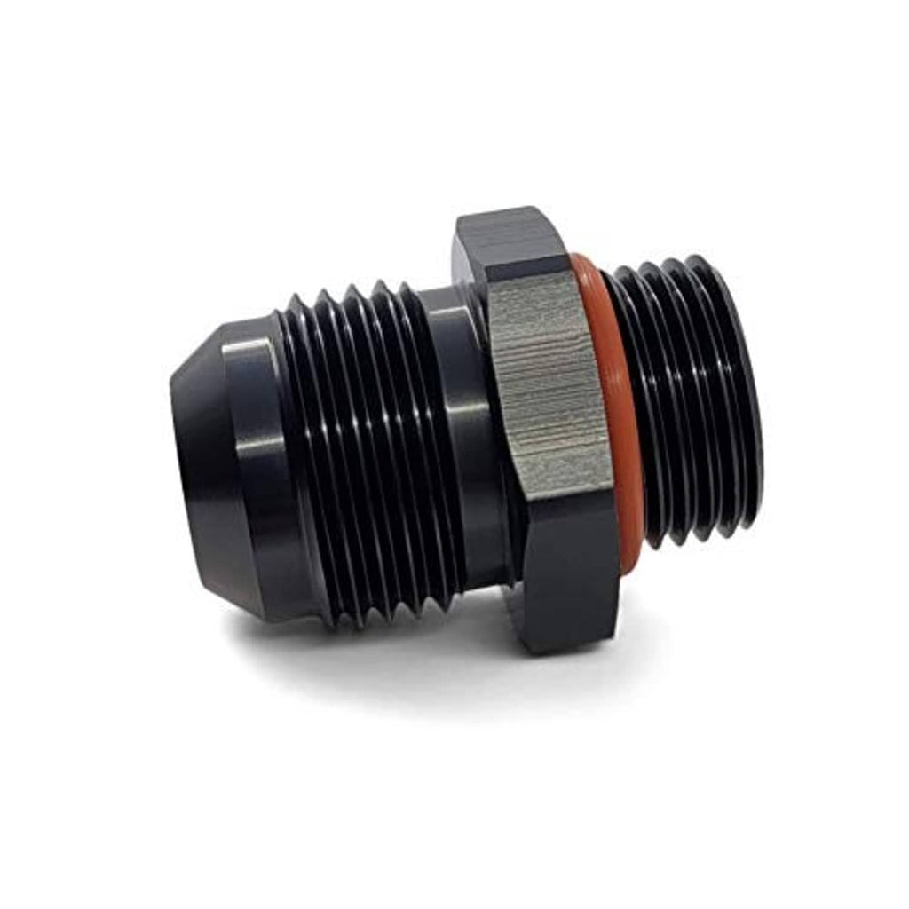 Straight male AN adapter, dark gray/black finish with orange seal ring and dual threads