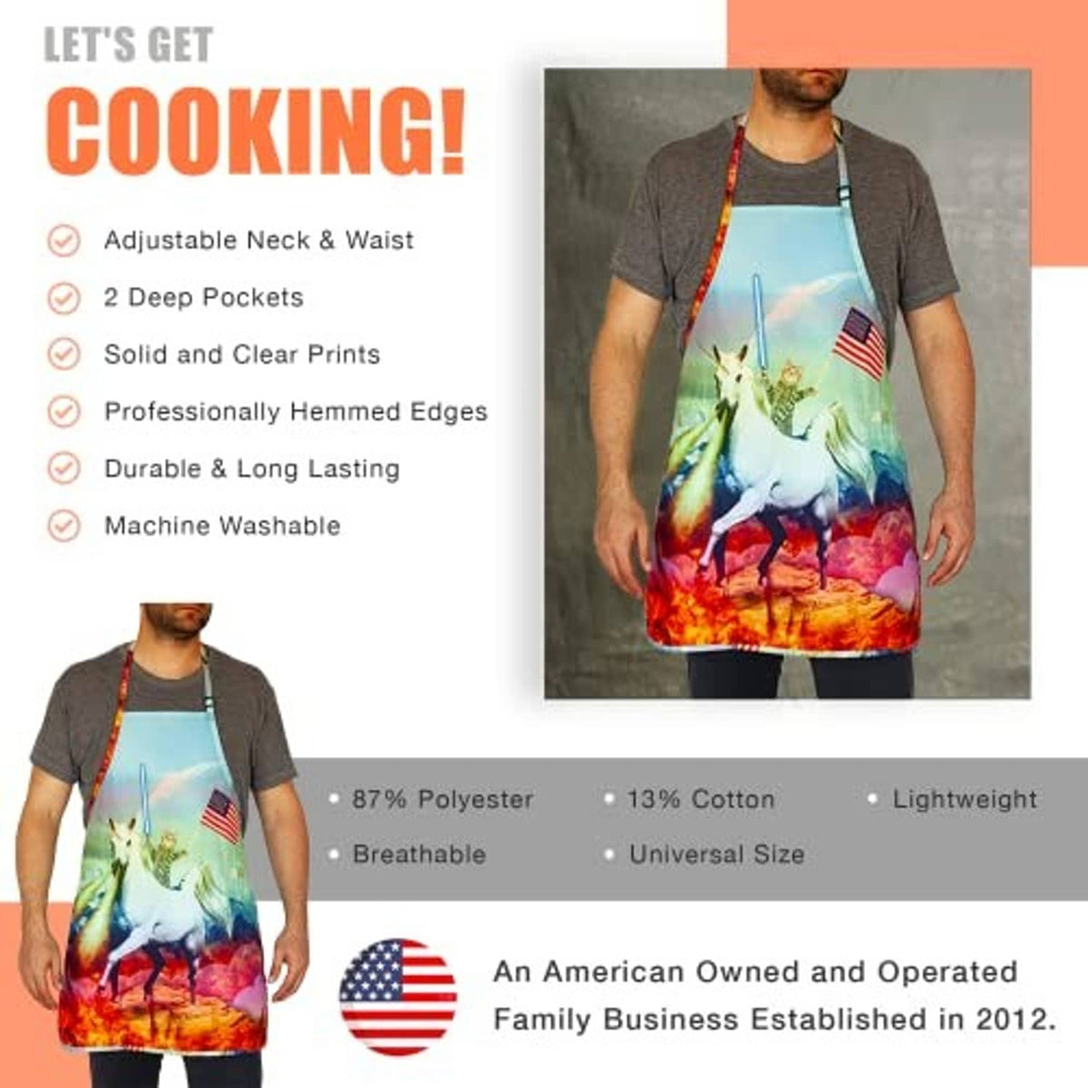 Unicorn print cooking apron with adjustable neck strap and red trim, front view