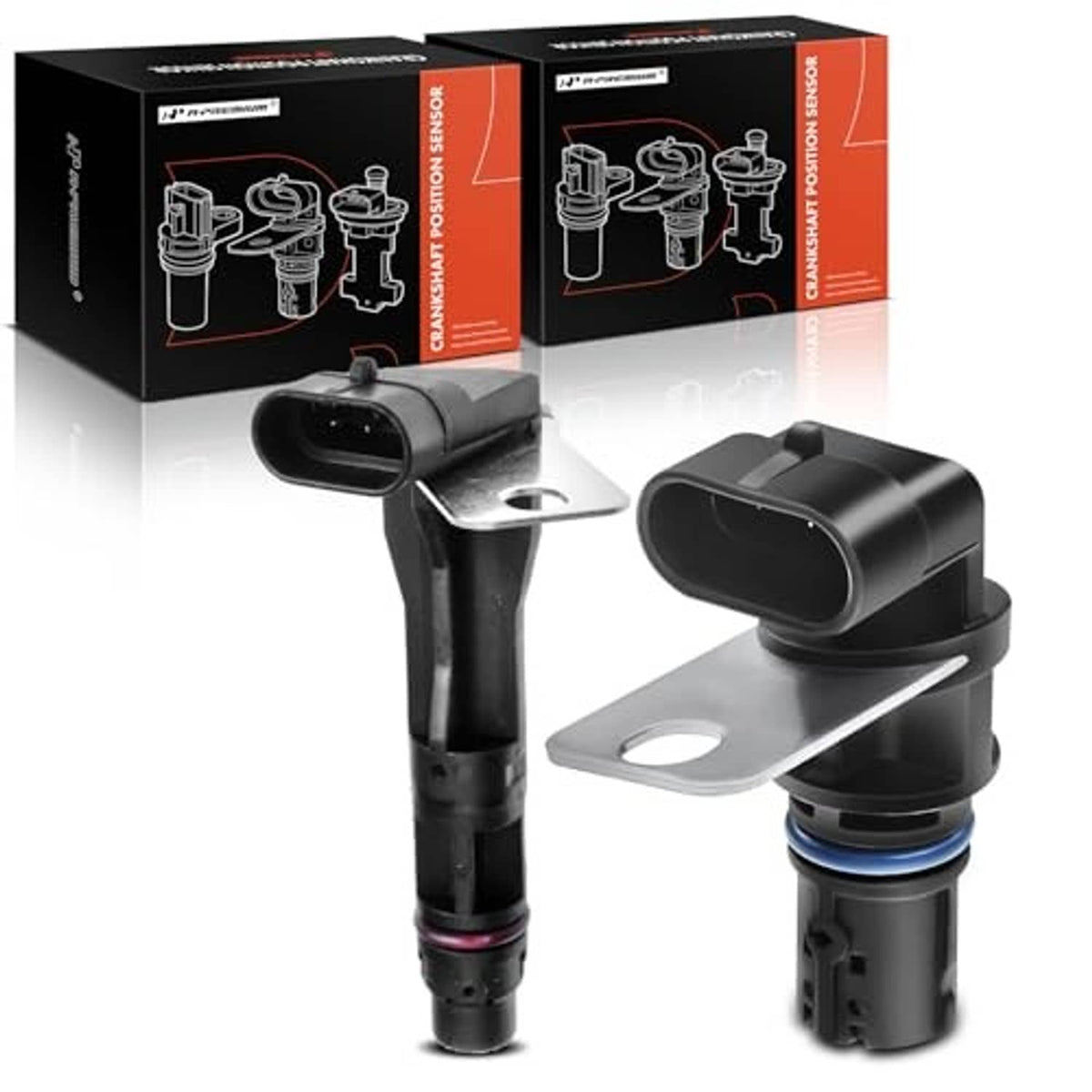 Camshaft crankshaft position sensor set with two black connectors and metal mounting plate