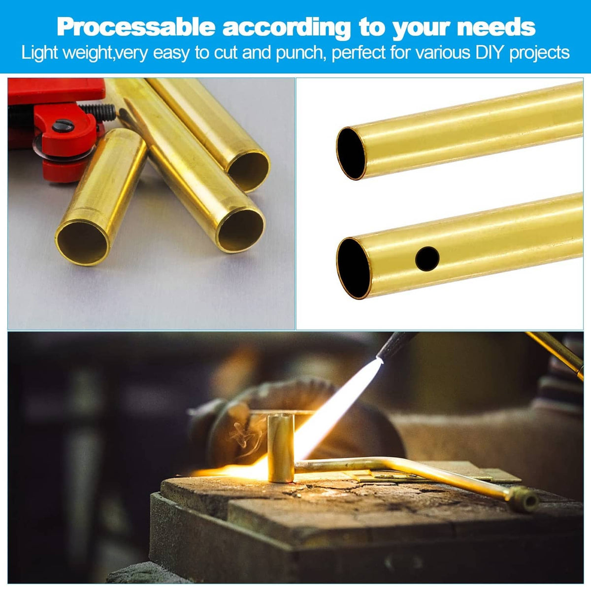 Gold brass tubes with open ends, shown for cutting and punching