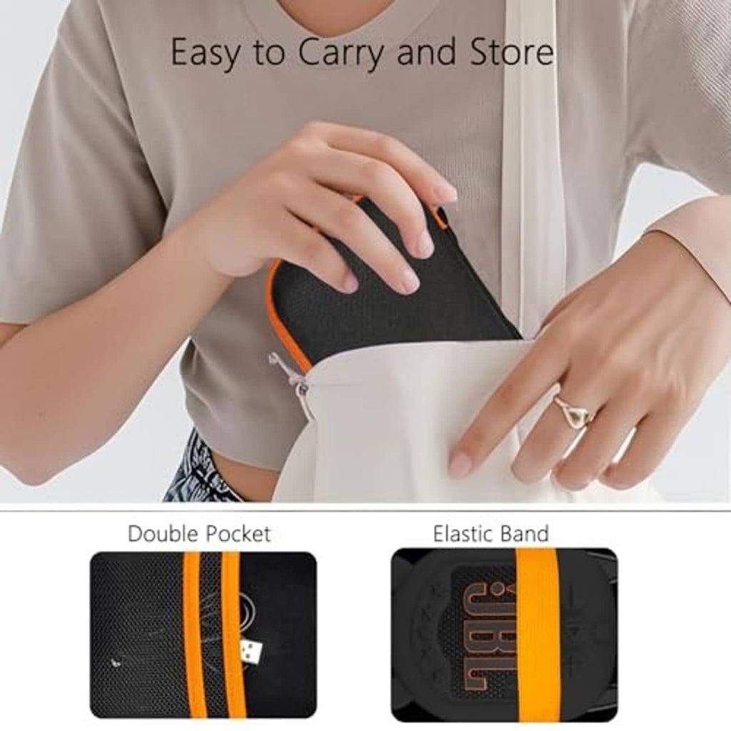 Compact speaker case with black exterior and orange trim being carried