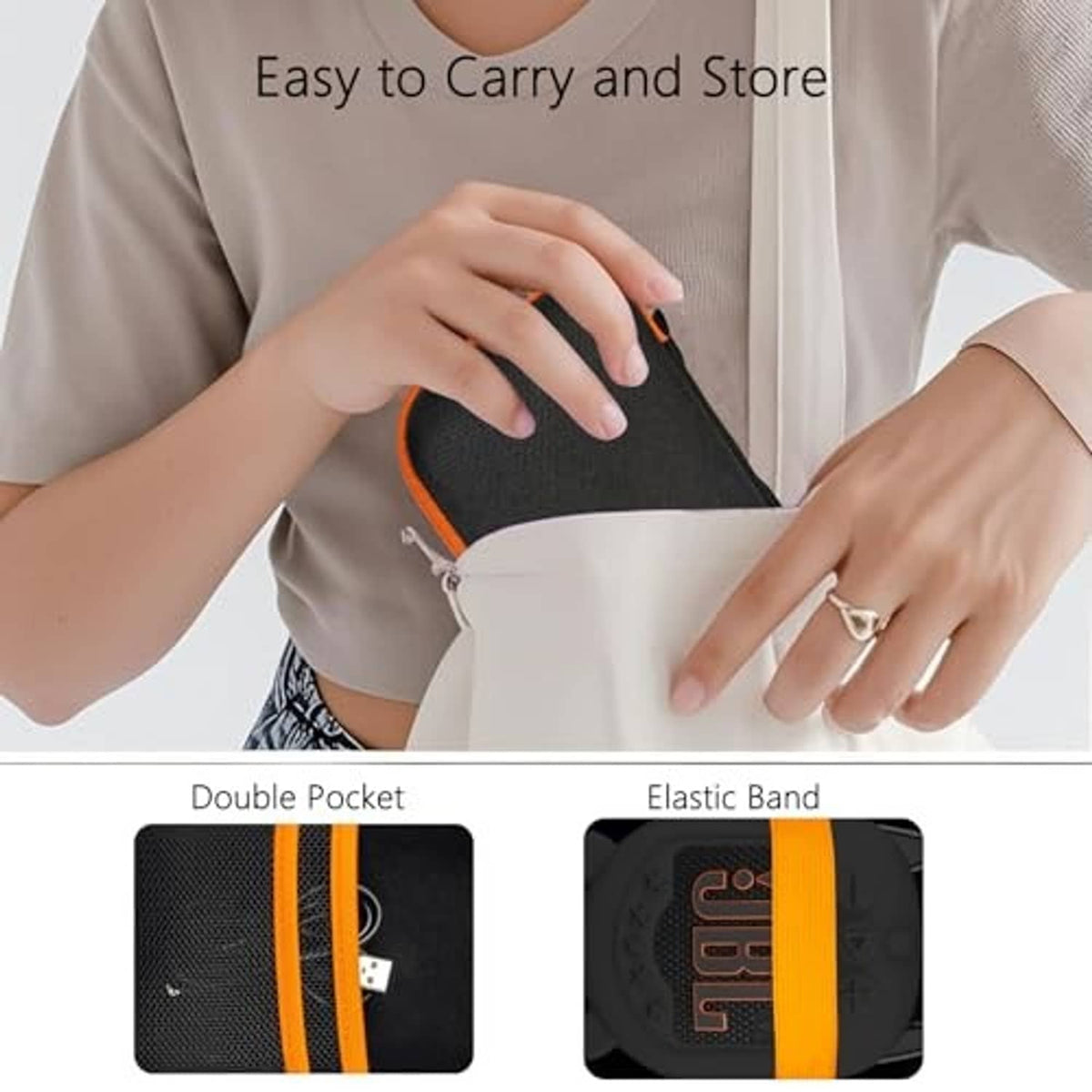 Compact speaker case with black exterior and orange trim being carried