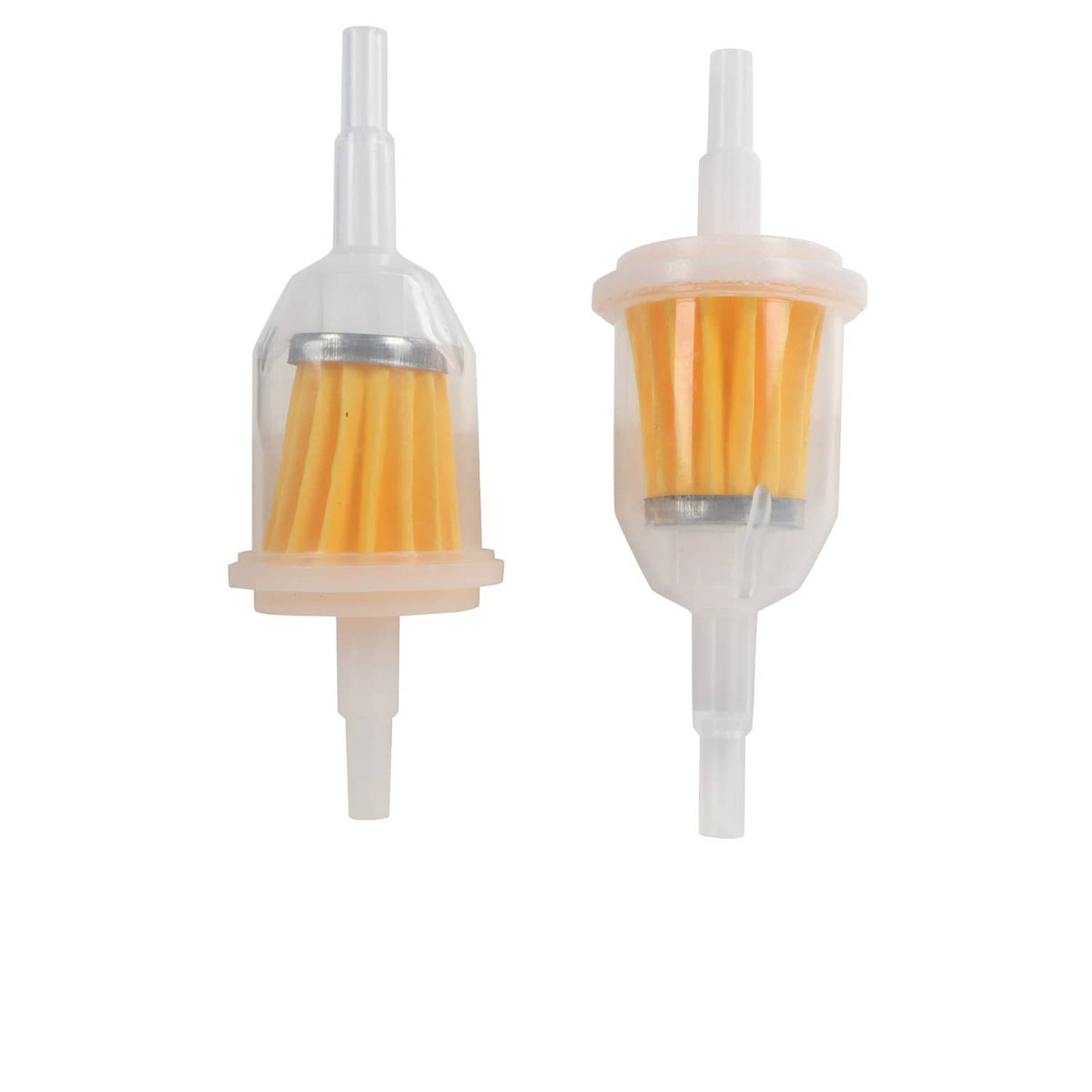Carburetor fuel filter pair with clear housings and orange mesh elements