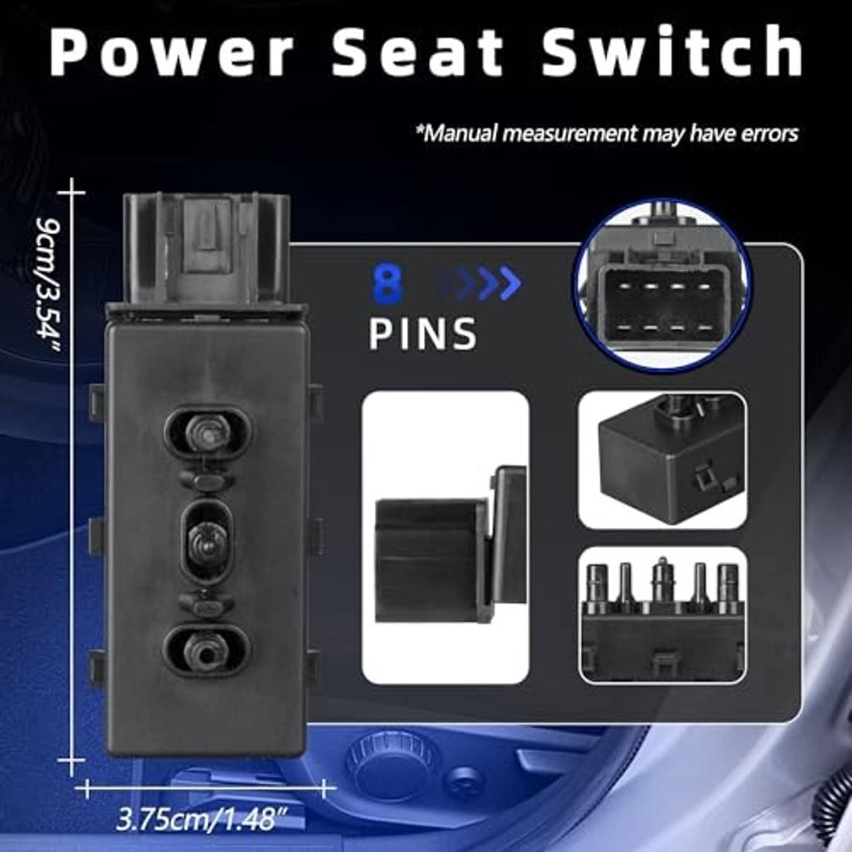 Power seat switch control with 8-pin connector housing and mounting pins