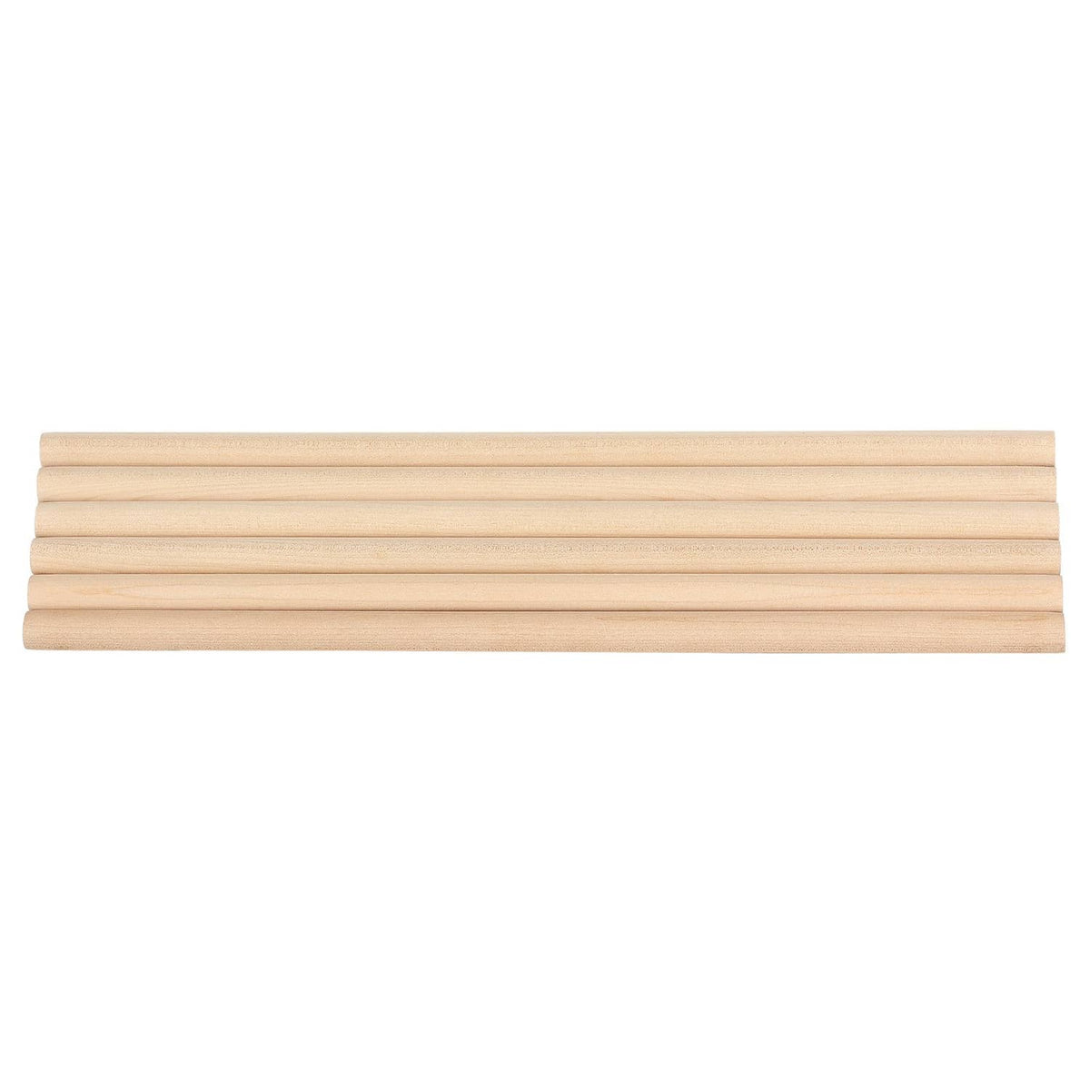 Straight natural wood dowel rods aligned in a flat horizontal row for crafts