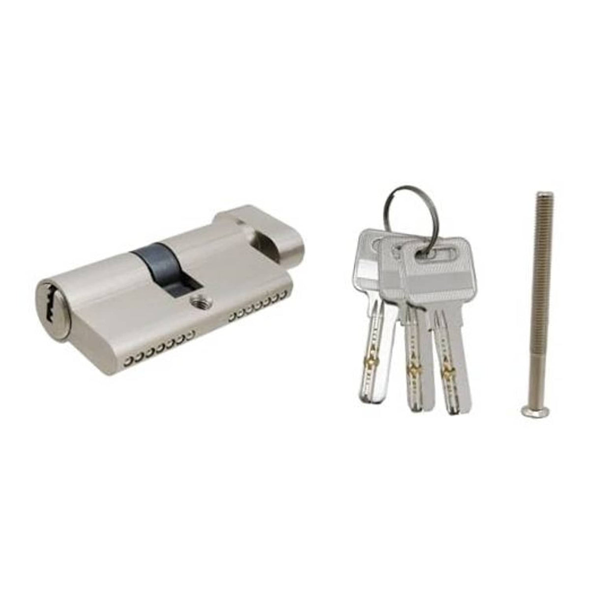 Silver door lock cylinder with 3 keys and metal keyring
