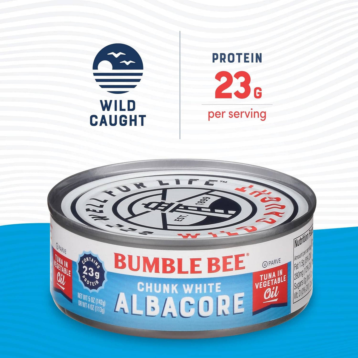 Bumble Bee Chunk White Albacore tuna can with Wild Caught and 23g protein