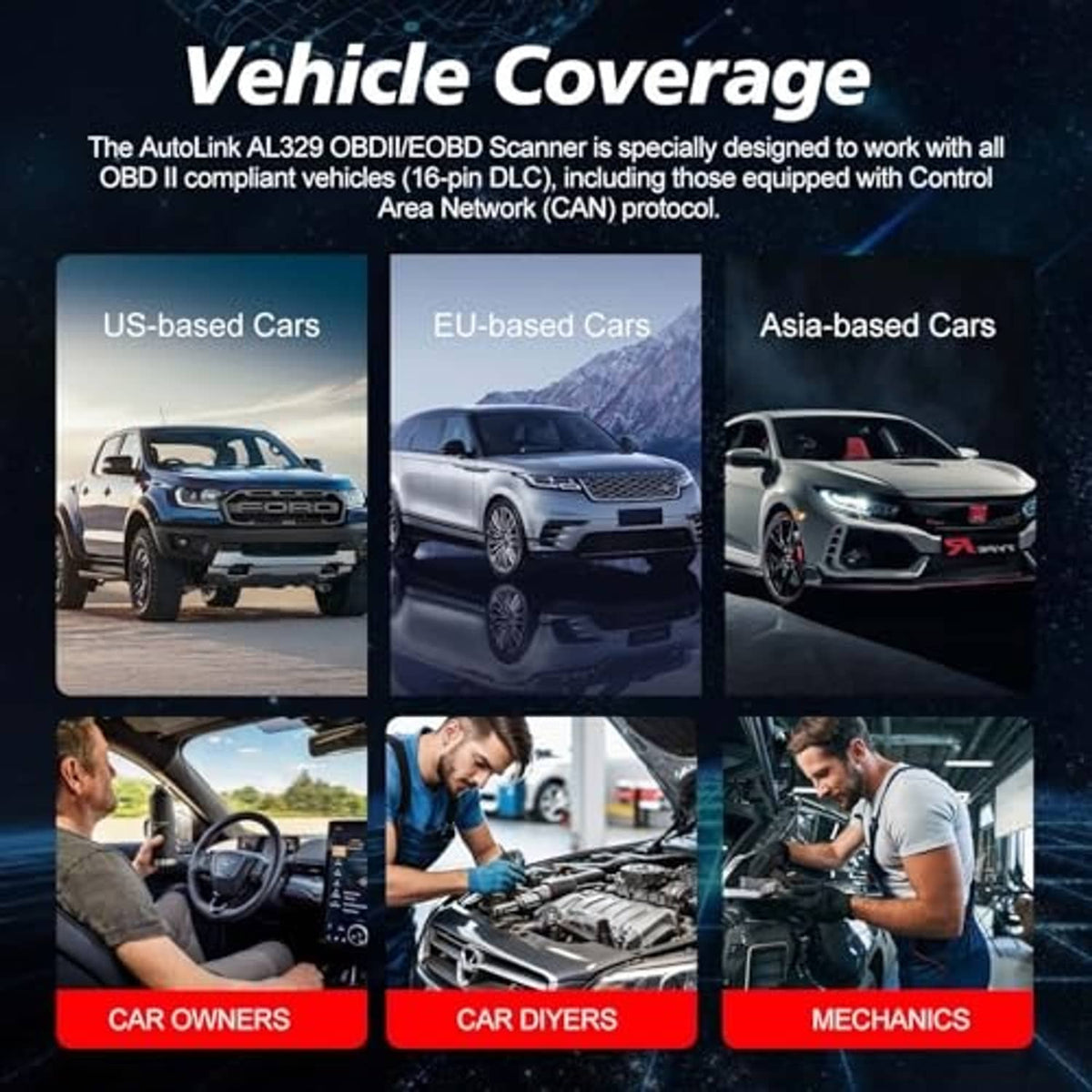 Red AutoLink OBD2 scanner in promotional layout with vehicle coverage graphics.
