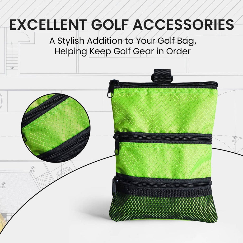 Green golf pouch bag with three black zipper rows and top loop strap