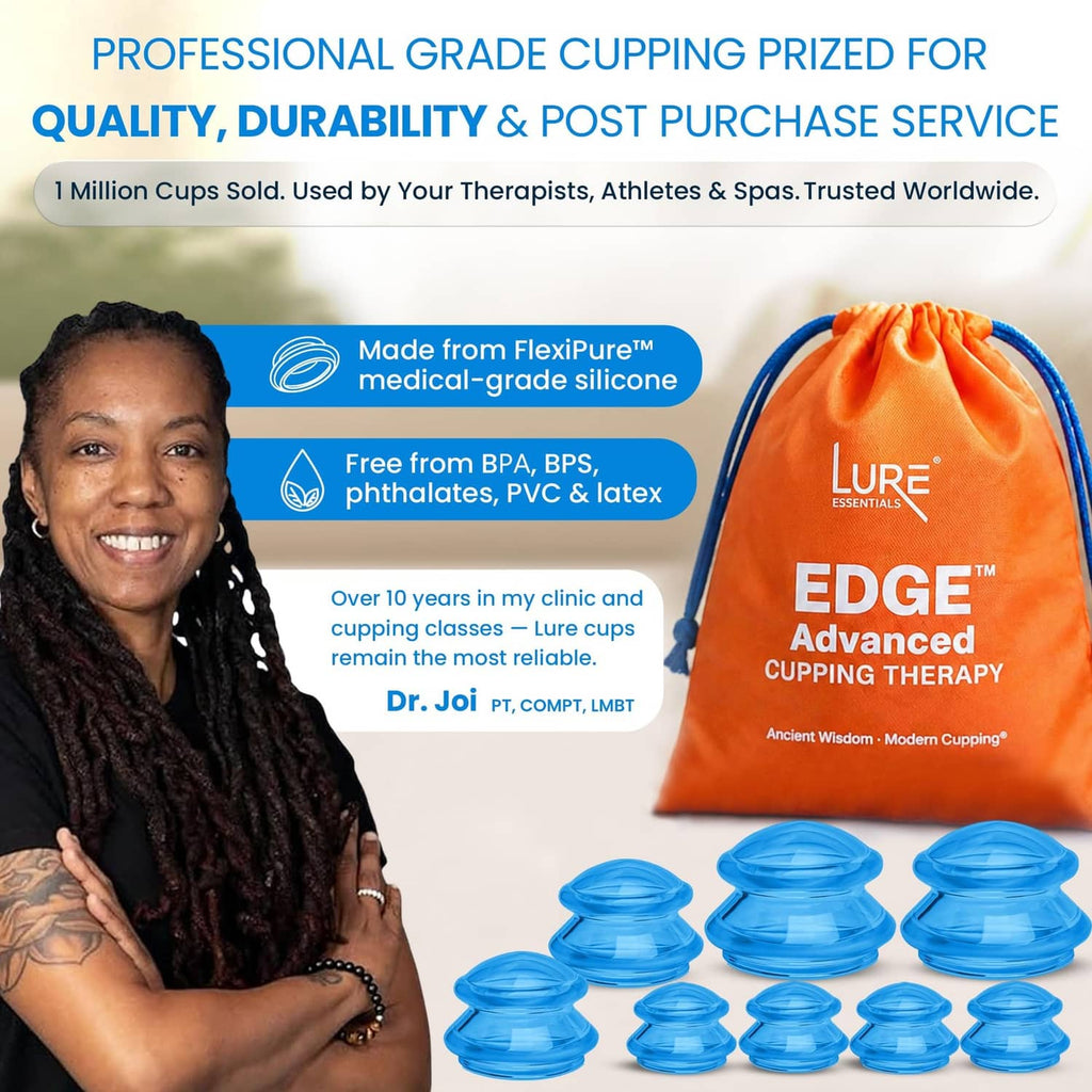 Blue silicone cupping cups laid out with orange storage pouch