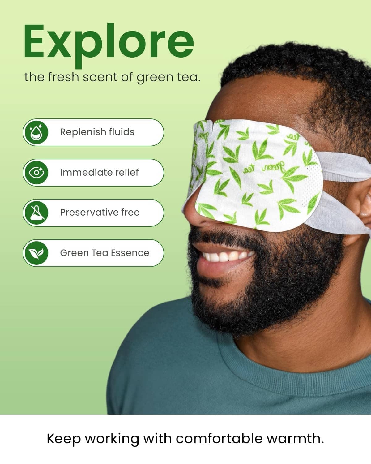 Green tea steam eye mask on a man, white leaf-patterned warming eye pad