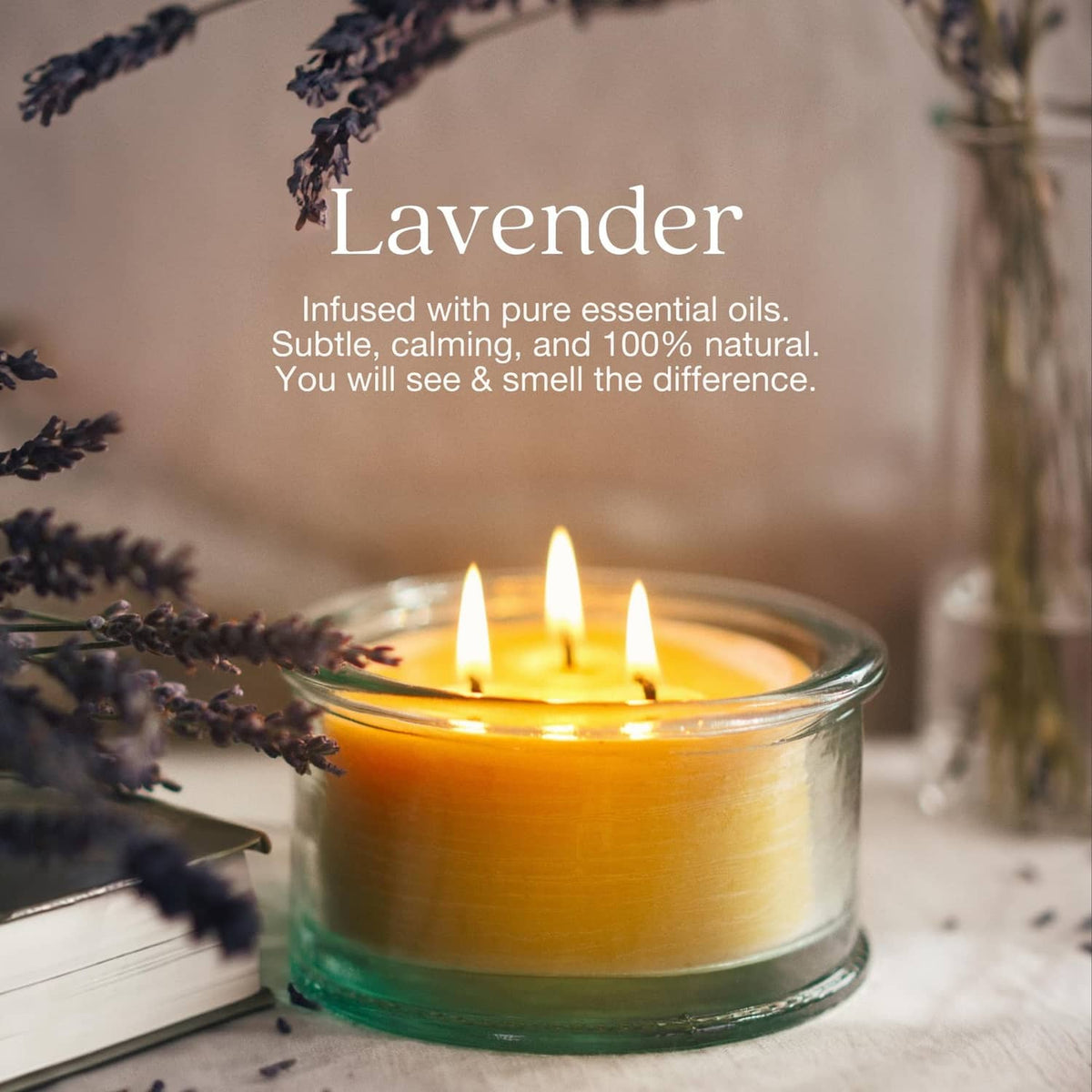 Lavender 3-wick beeswax candle with three flames in green glass jar and lavender sprigs