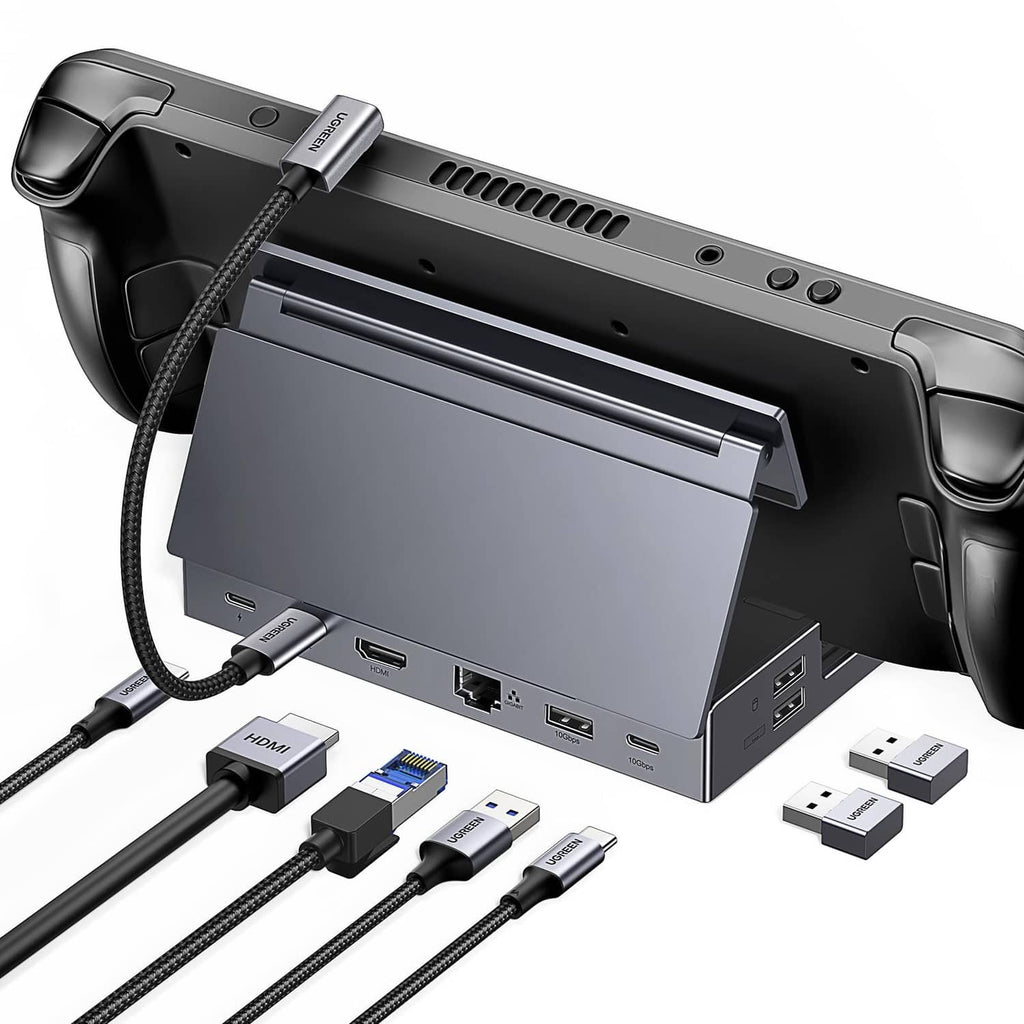 Grey 9-in-1 USB-C Steam Deck docking station with HDMI and USB ports