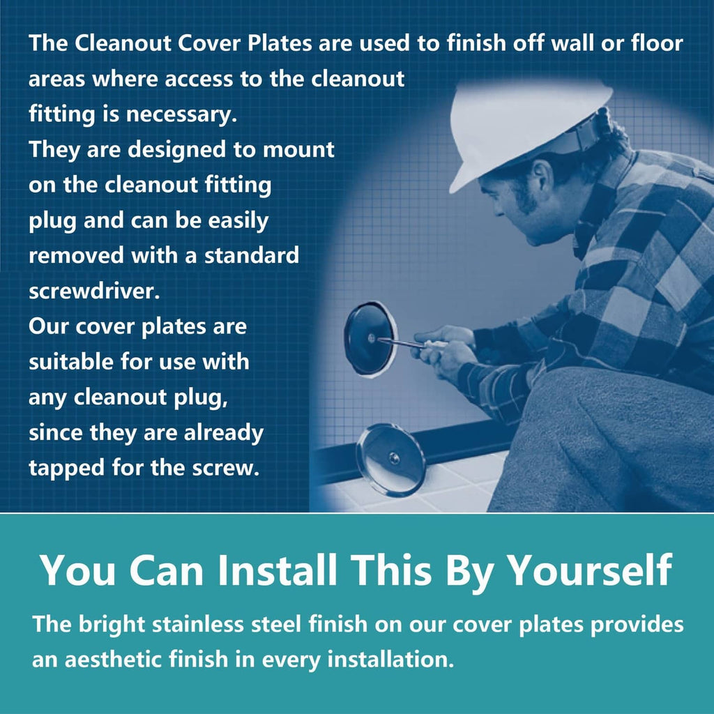 Black cleanout access cover plate for wall or floor installation, shown with screw