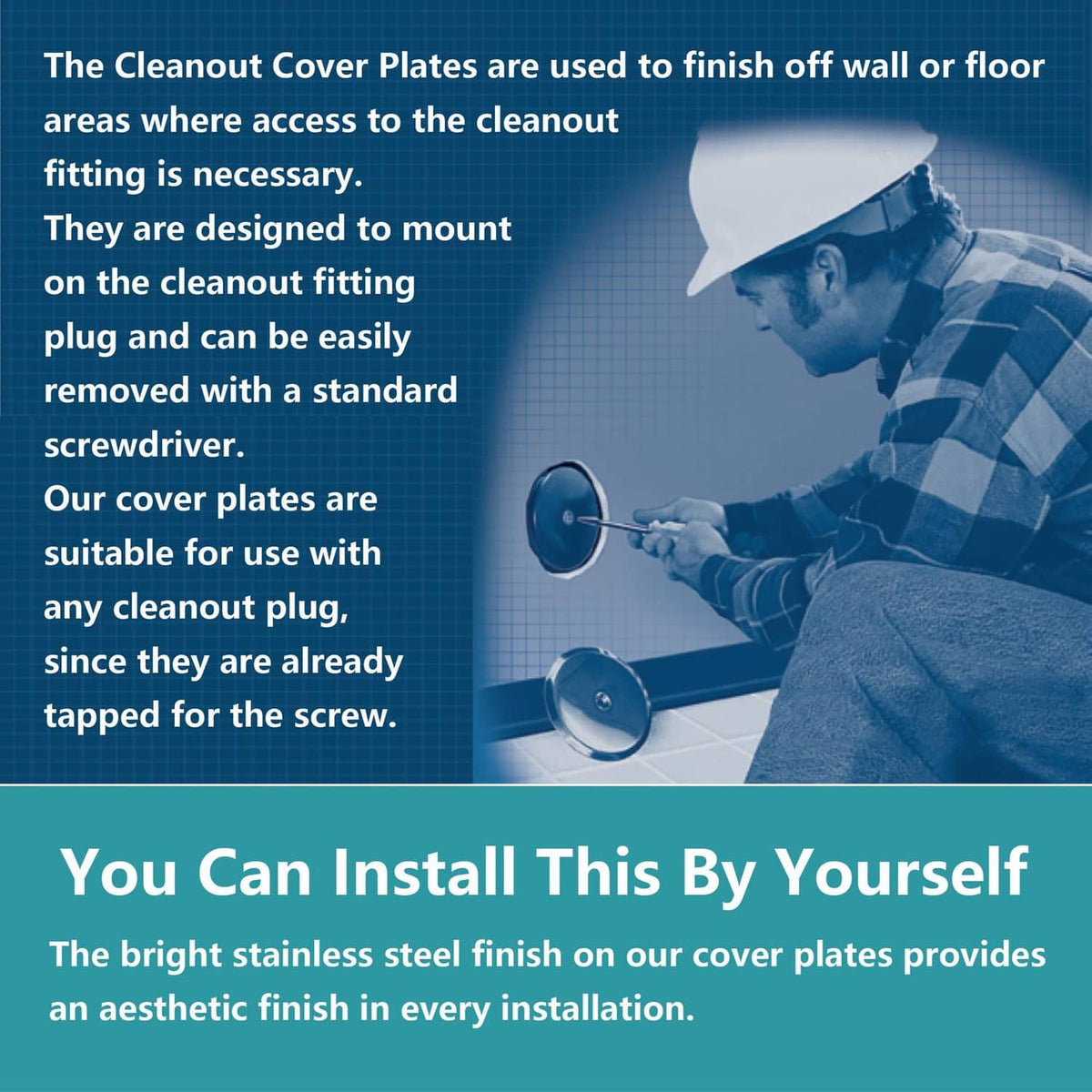 Black cleanout access cover plate for wall or floor installation, shown with screw