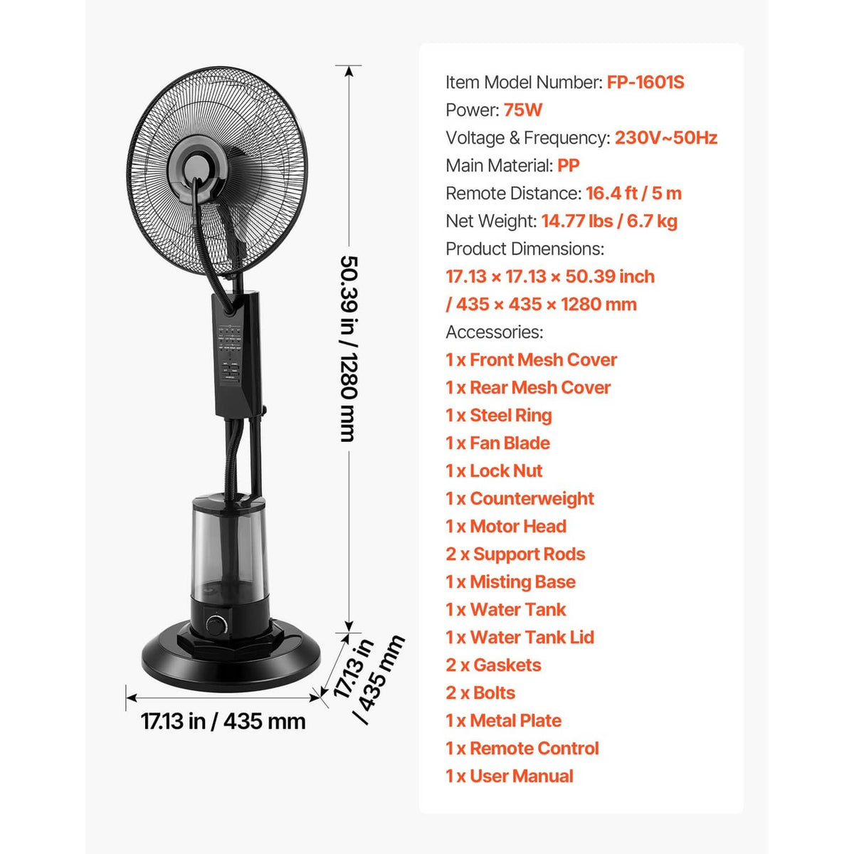 Standing misting fan dimensions diagram with accessories list on a panel