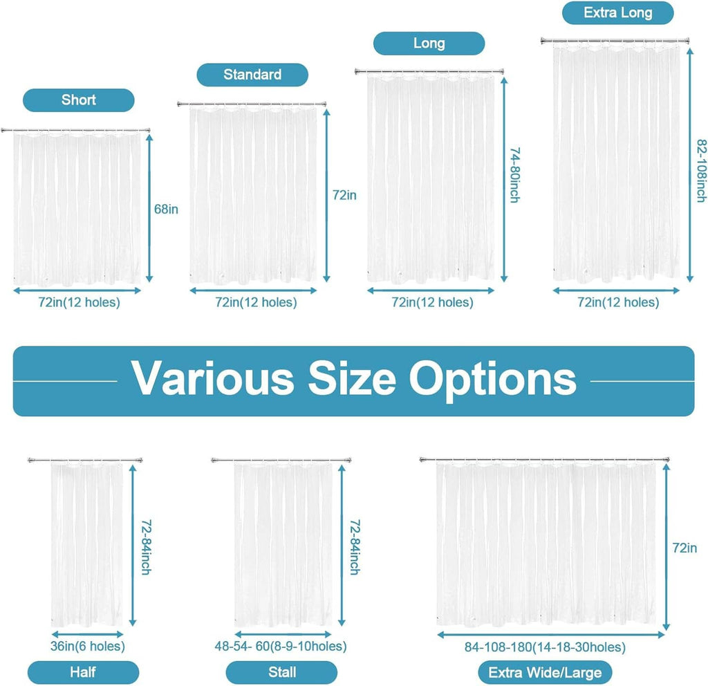 Clear shower curtain liner size chart showing standard and extra-long options