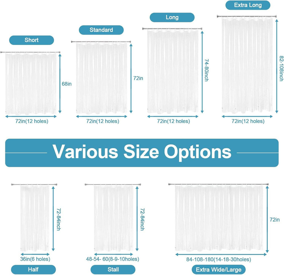 Clear shower curtain liner size chart showing standard and extra-long options