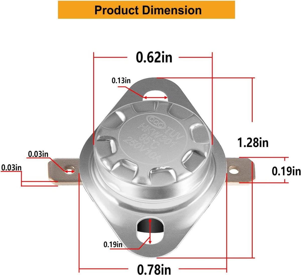 RV limit switch size diagram, silver metal housing with mounting tabs