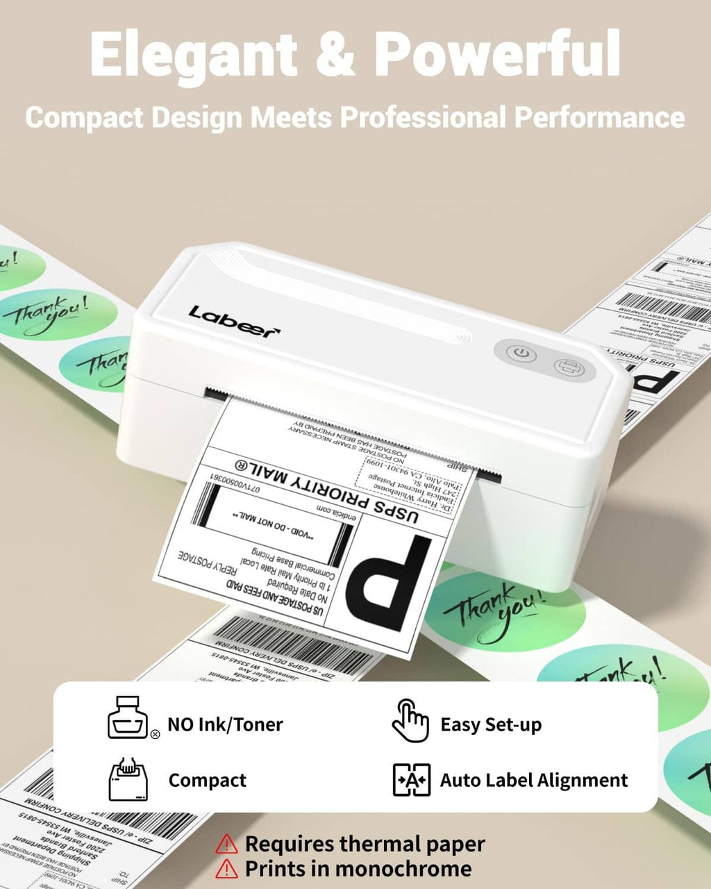 Compact white Bluetooth thermal label printer with display and label output slot