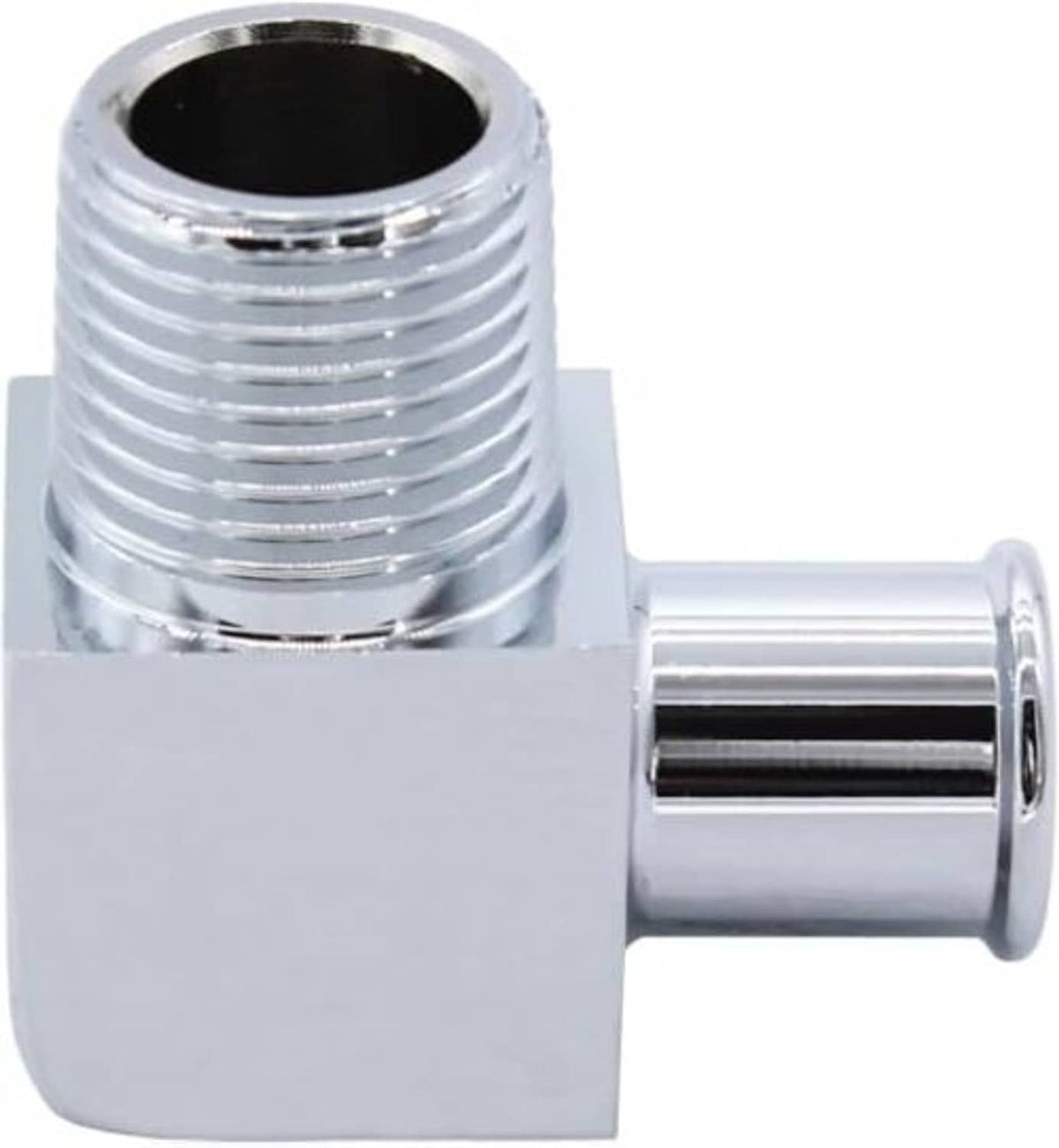 90-degree aluminum hose fitting with threaded ports, polished chrome finish, close-up