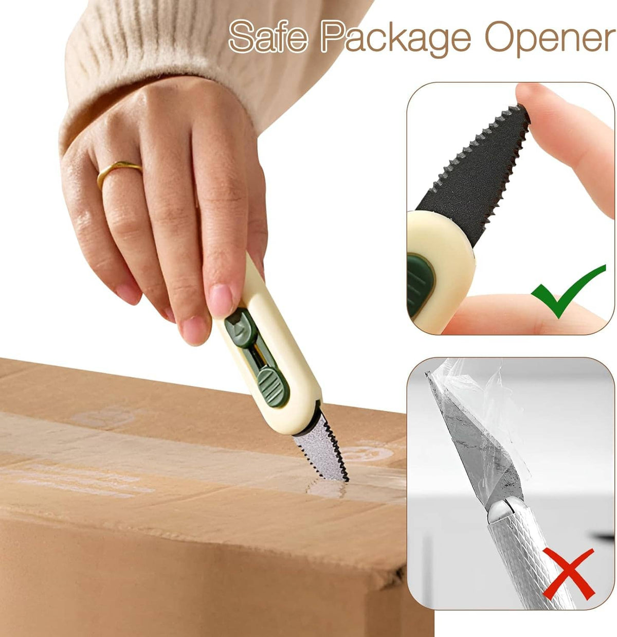 Magnetic box opener and scissors tool with serrated edge cutting cardboard in hand