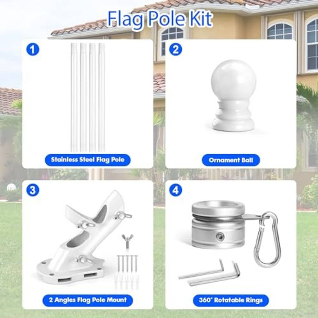 Flag pole kit set: stainless pole hardware, ornament ball, two-angle mount, rings