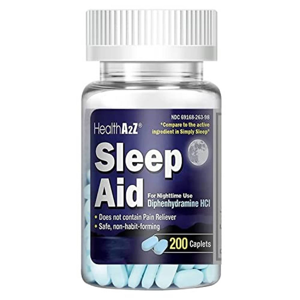 Sleep aid caplets bottle with white ribbed cap and 200 count label