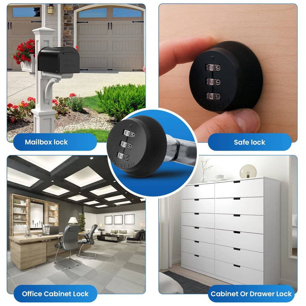 Black 3-dial cabinet cam lock for use on cabinets, drawers, and mailboxes