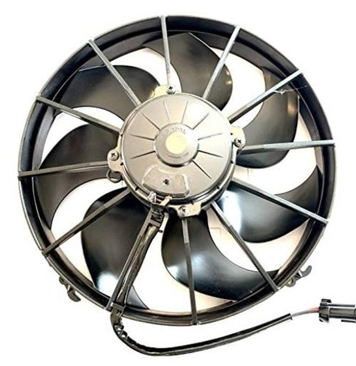 SPAL 12V puller fan top view with curved blades, round hub, and black outer ring frame